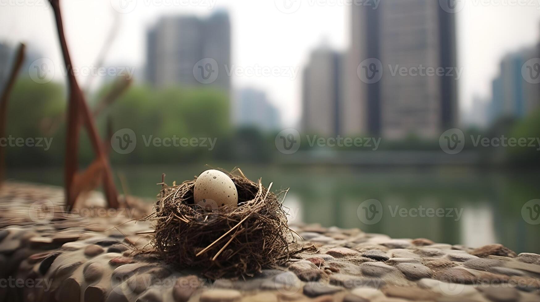 un huevo en un pájaro nido a lago lado con borroso paisaje urbano con lago vista, y vibrante ciudad vida. ai generado foto