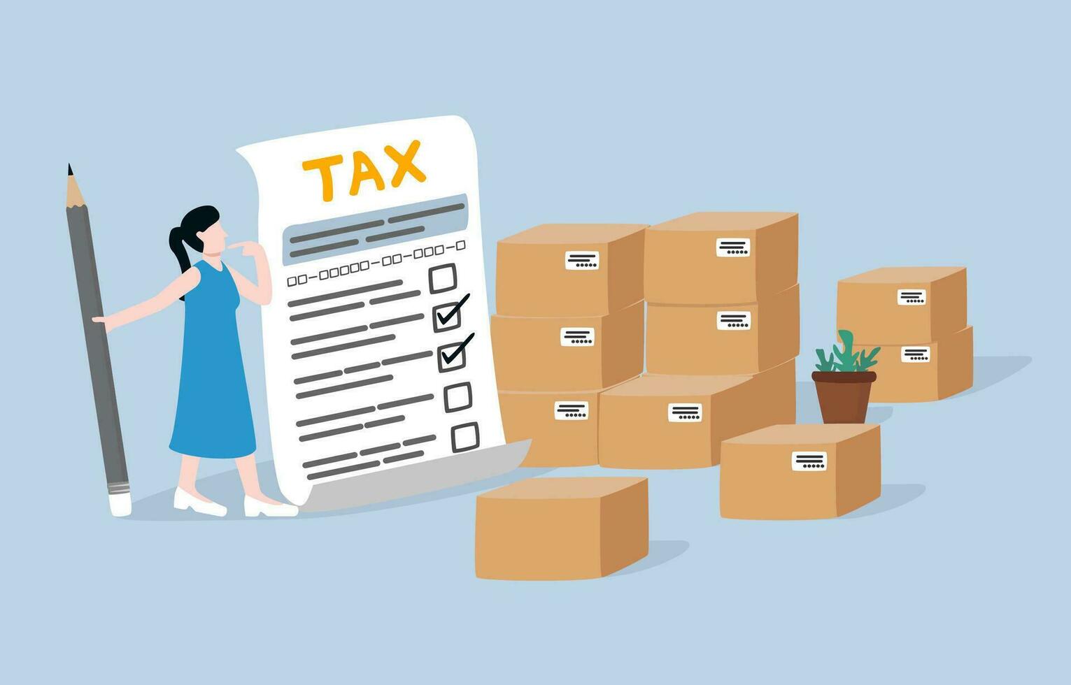 Ecommerce sales tax, calculating net revenue from selling online product before tax filing concept, Female online seller standing near delivery boxes filling out tax form. vector