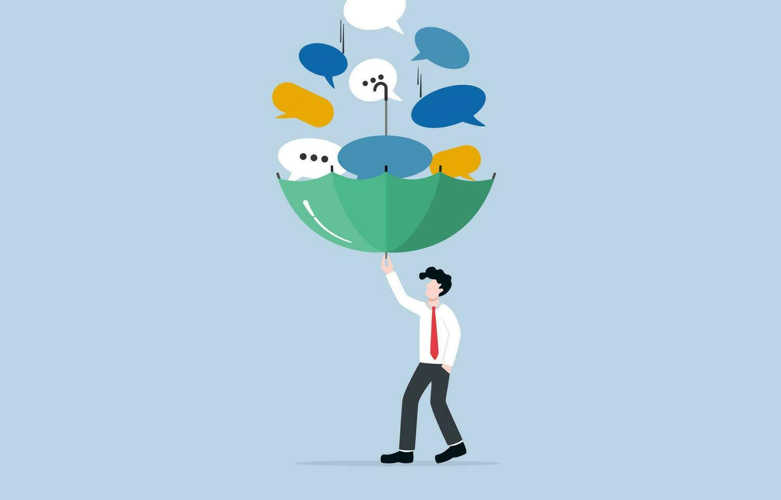 Listening to opinions, good listener, accepting criticism for self-improvement concept, Businessman opening umbrella to support falling speech bubbles. vector