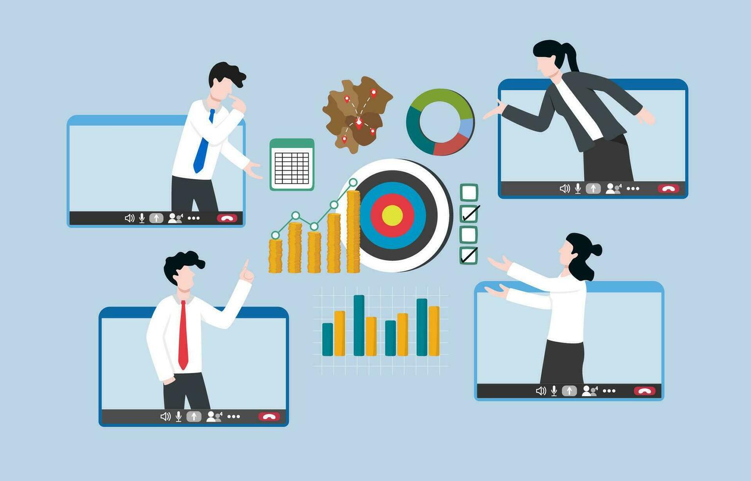 Work meeting via video call, remote collaboration, online group discussion on project progress concept, Business people colleague appearing on video call interface to discuss work. vector