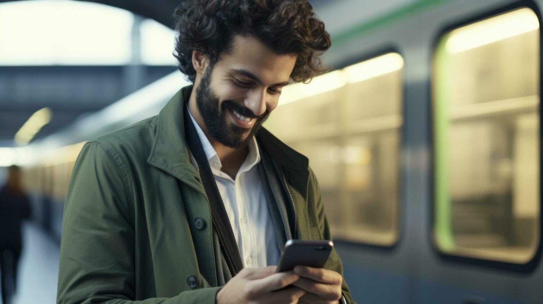 contento joven hombre con teléfono inteligente en subterraneo foto