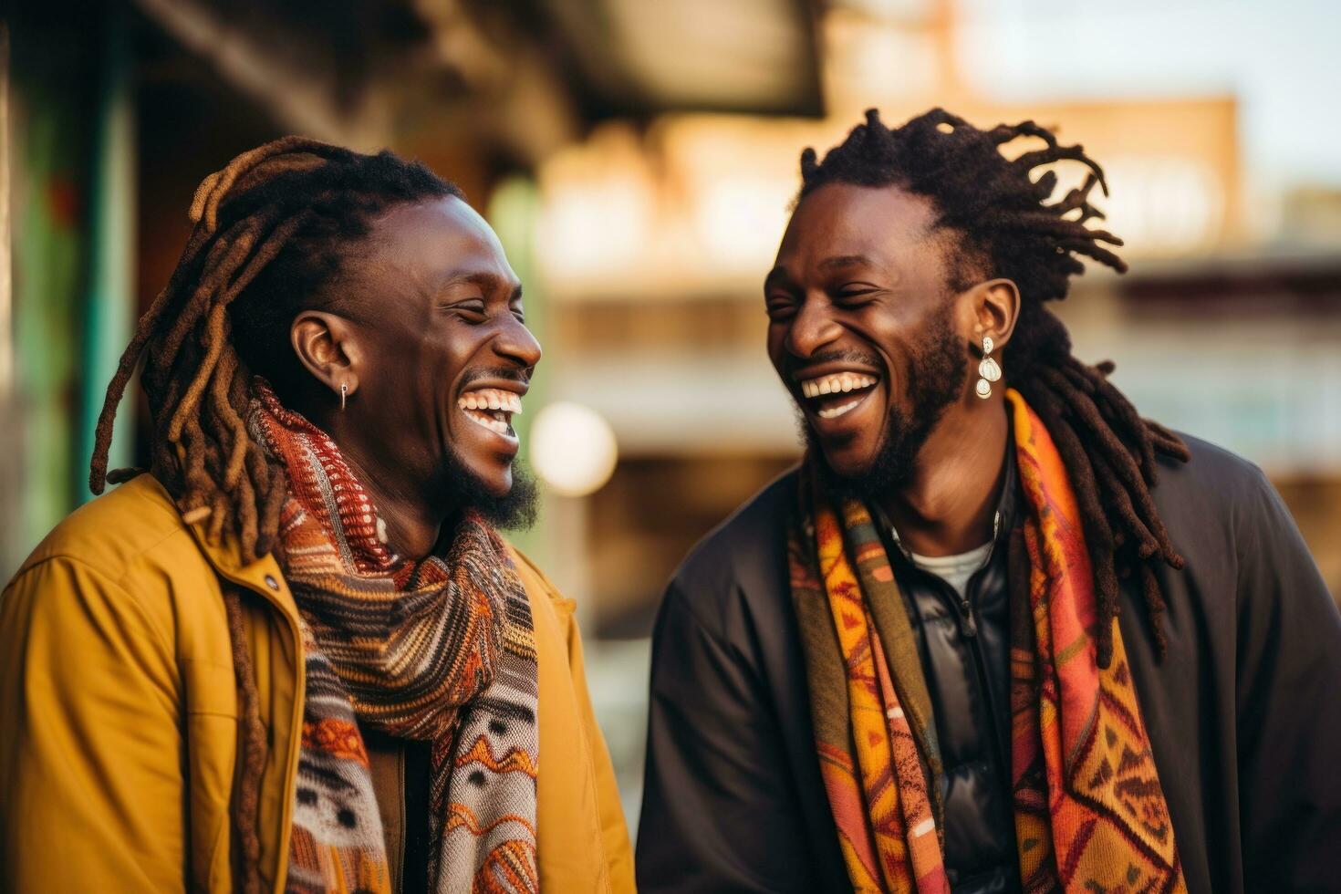 Two black men laughing outside with dreadlocks photo