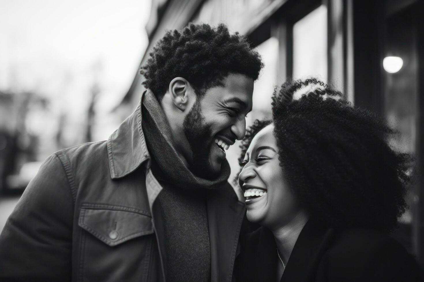 un negro Pareja riendo y hablando juntos foto