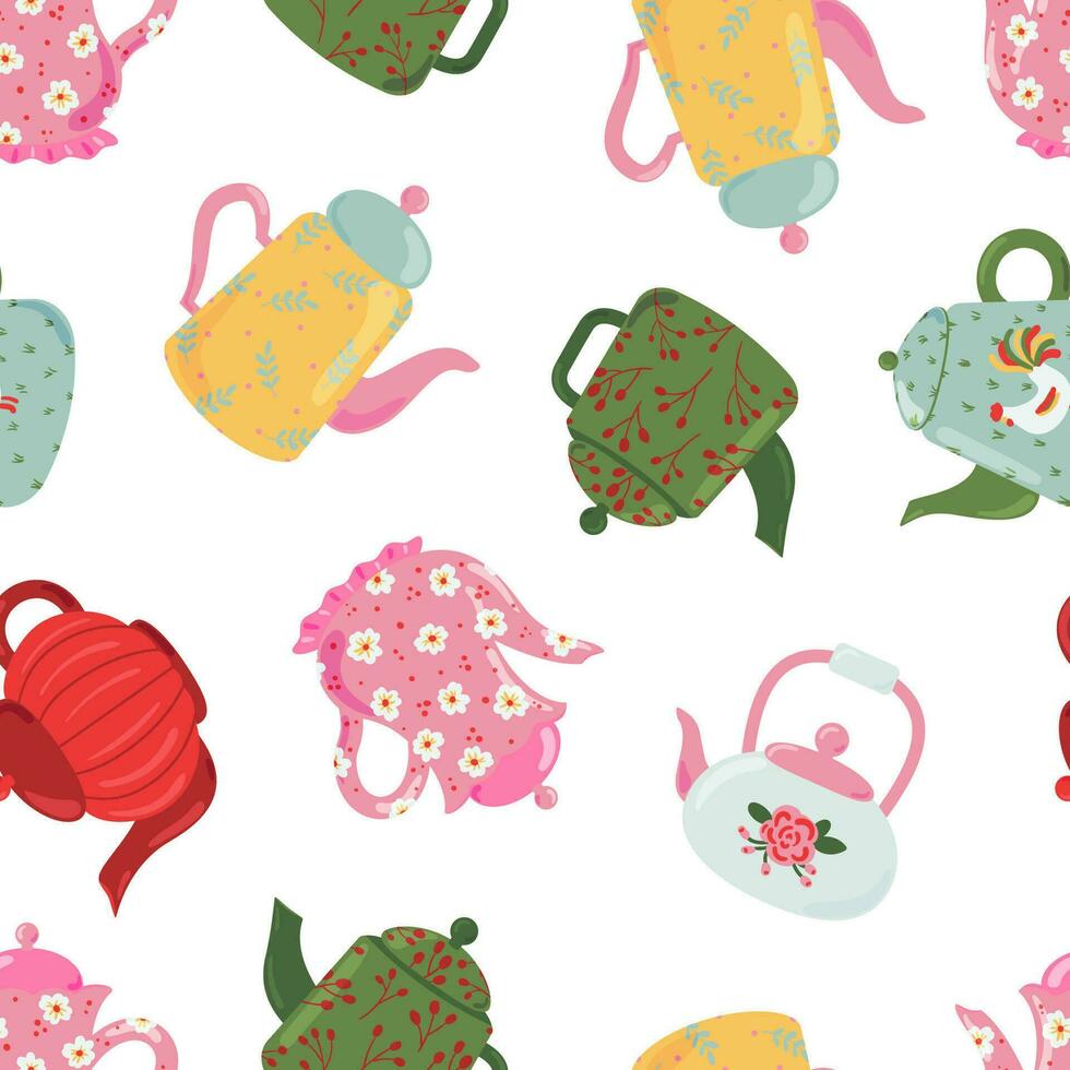 Teapots and kettles vector seamless pattern. Decorative kitchen tools, ceramic drinkware glassware texture