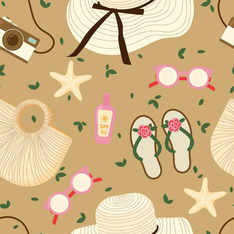 Summer items, accessories vector seamless pattern. Sunglasses, sunscreen, straw hat, beach bag, starfish, camera, slippers texture