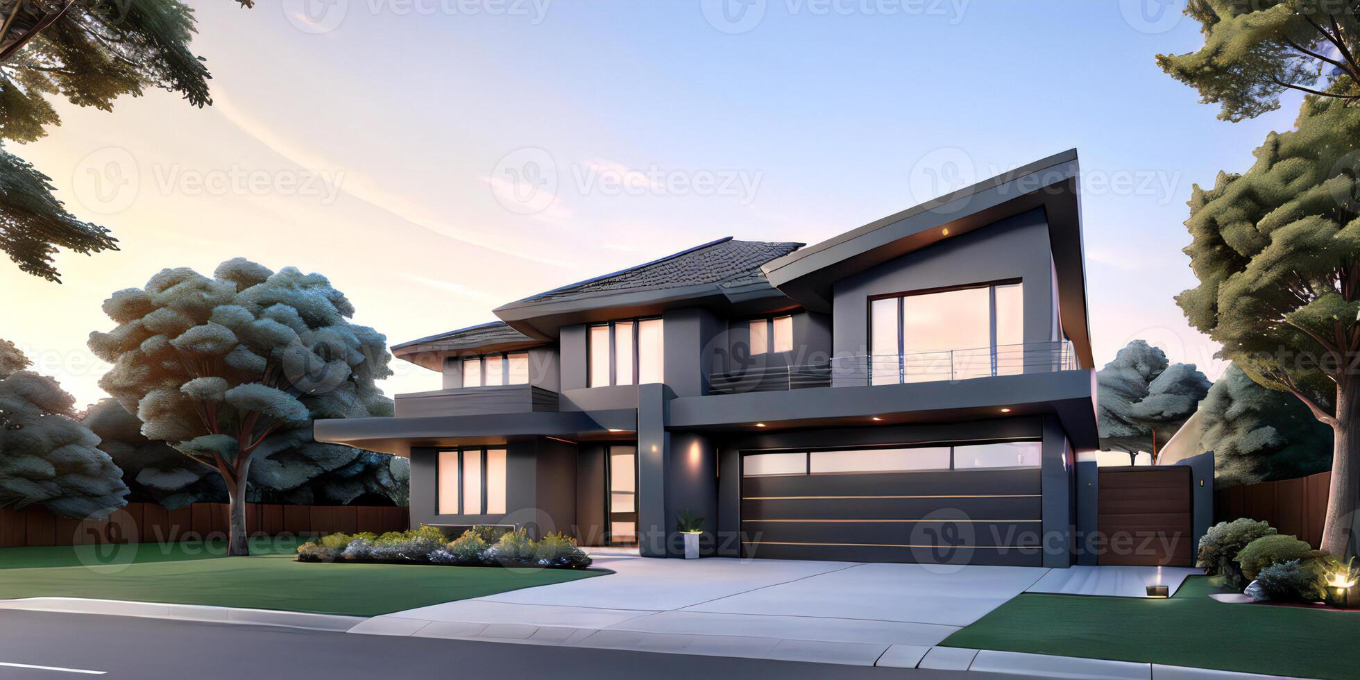 A modern house with a driveway in front of it photo