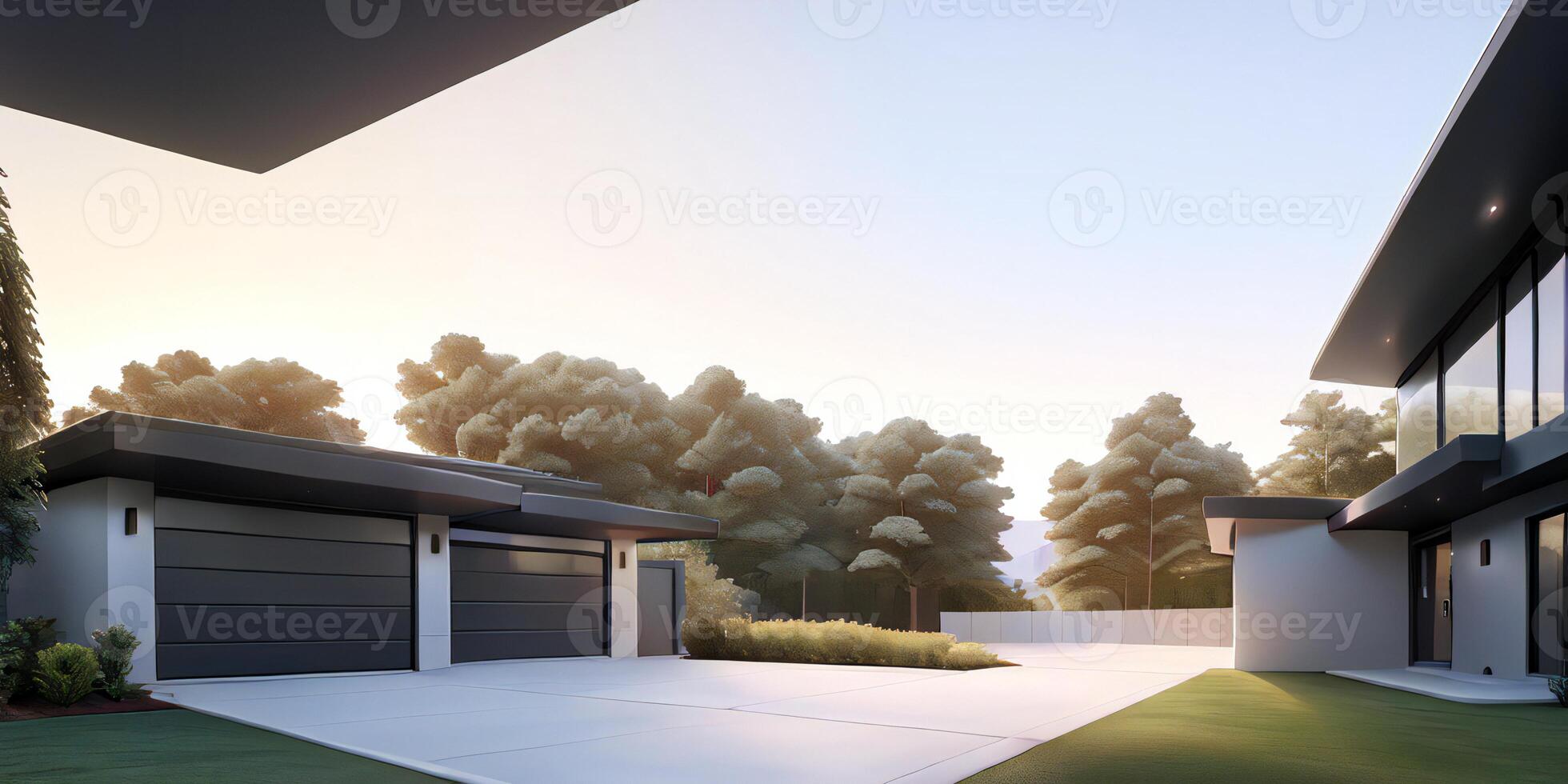 A modern house with a driveway in front of it photo