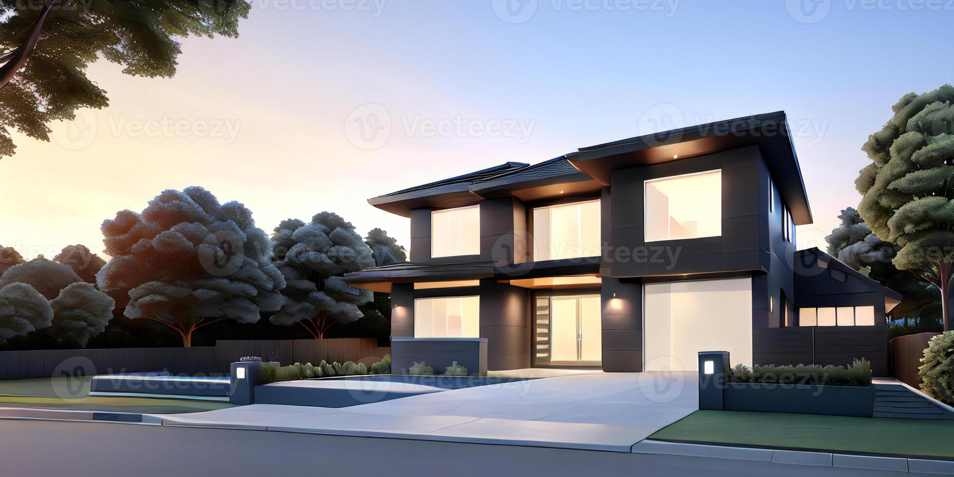 A modern house with a driveway in front of it photo