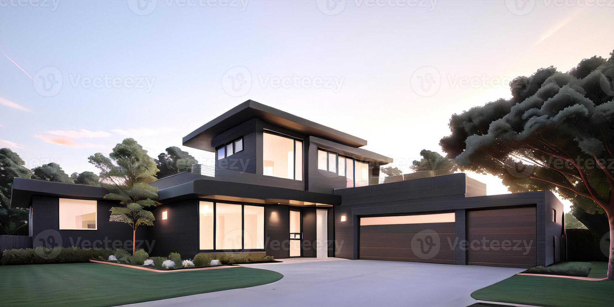A modern house with a driveway in front of it photo