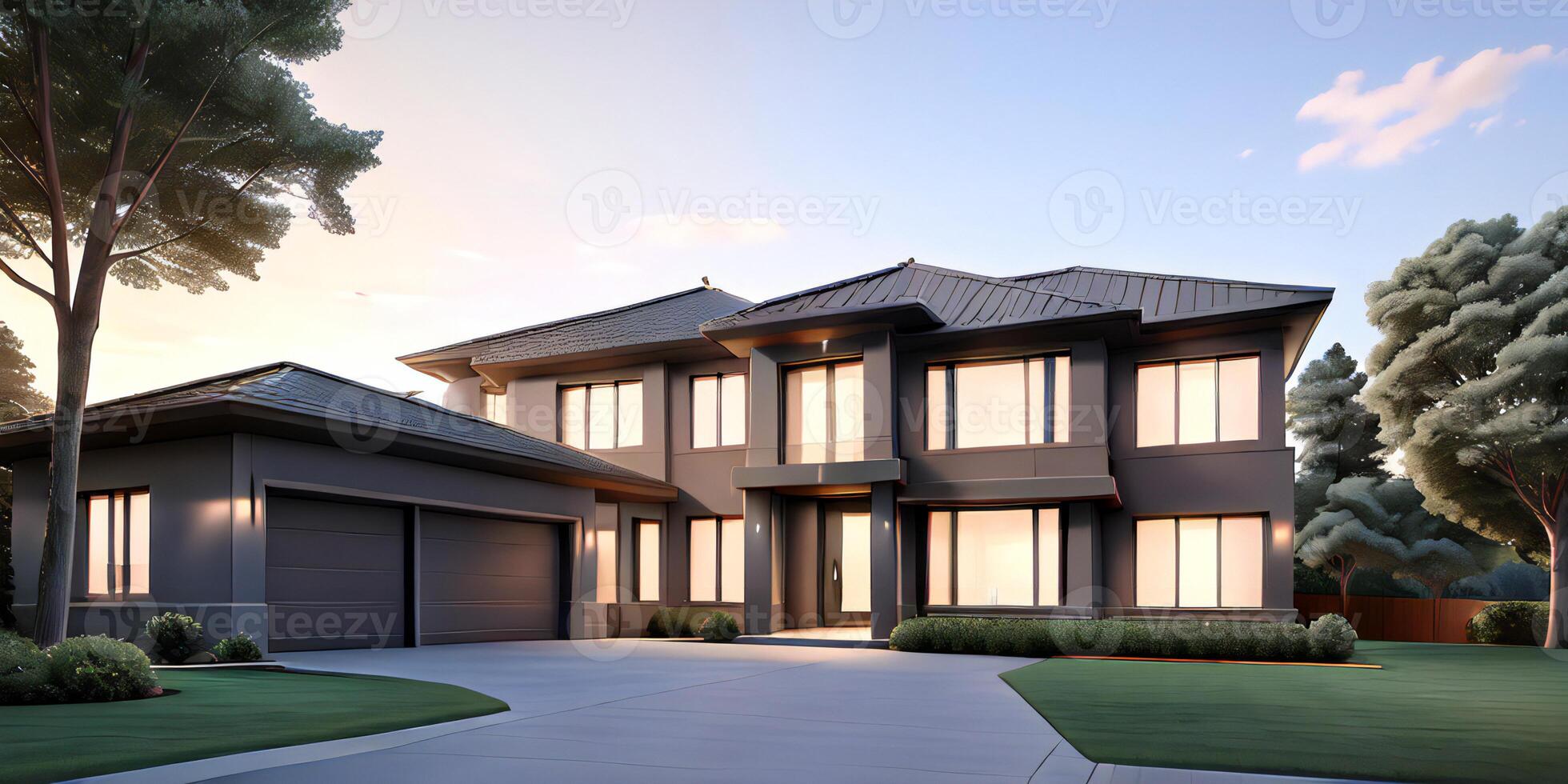 A modern house with a driveway in front of it photo