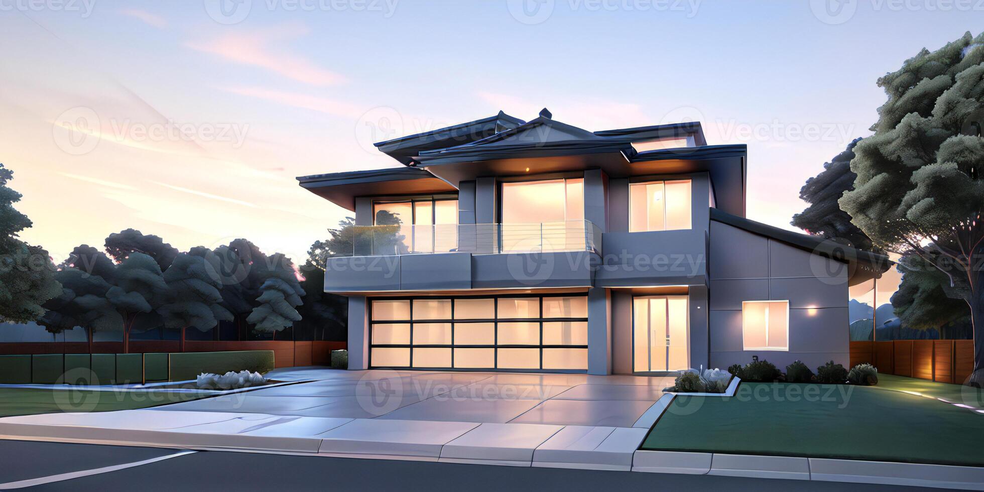 A modern house with a driveway in front of it photo