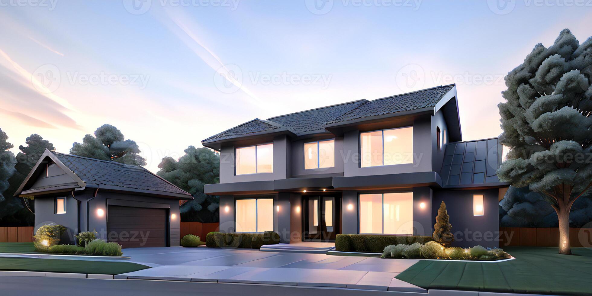 A modern house with a driveway in front of it photo
