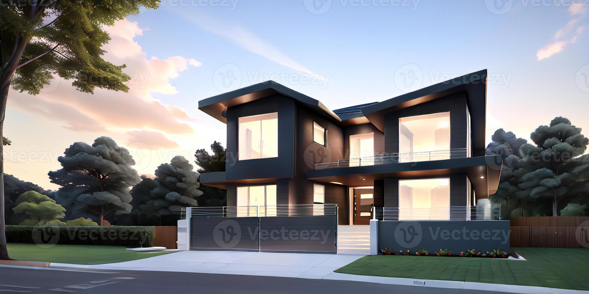 A modern house with a driveway in front of it photo