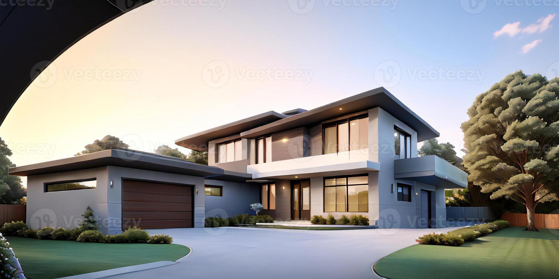 A modern house with a driveway in front of it photo