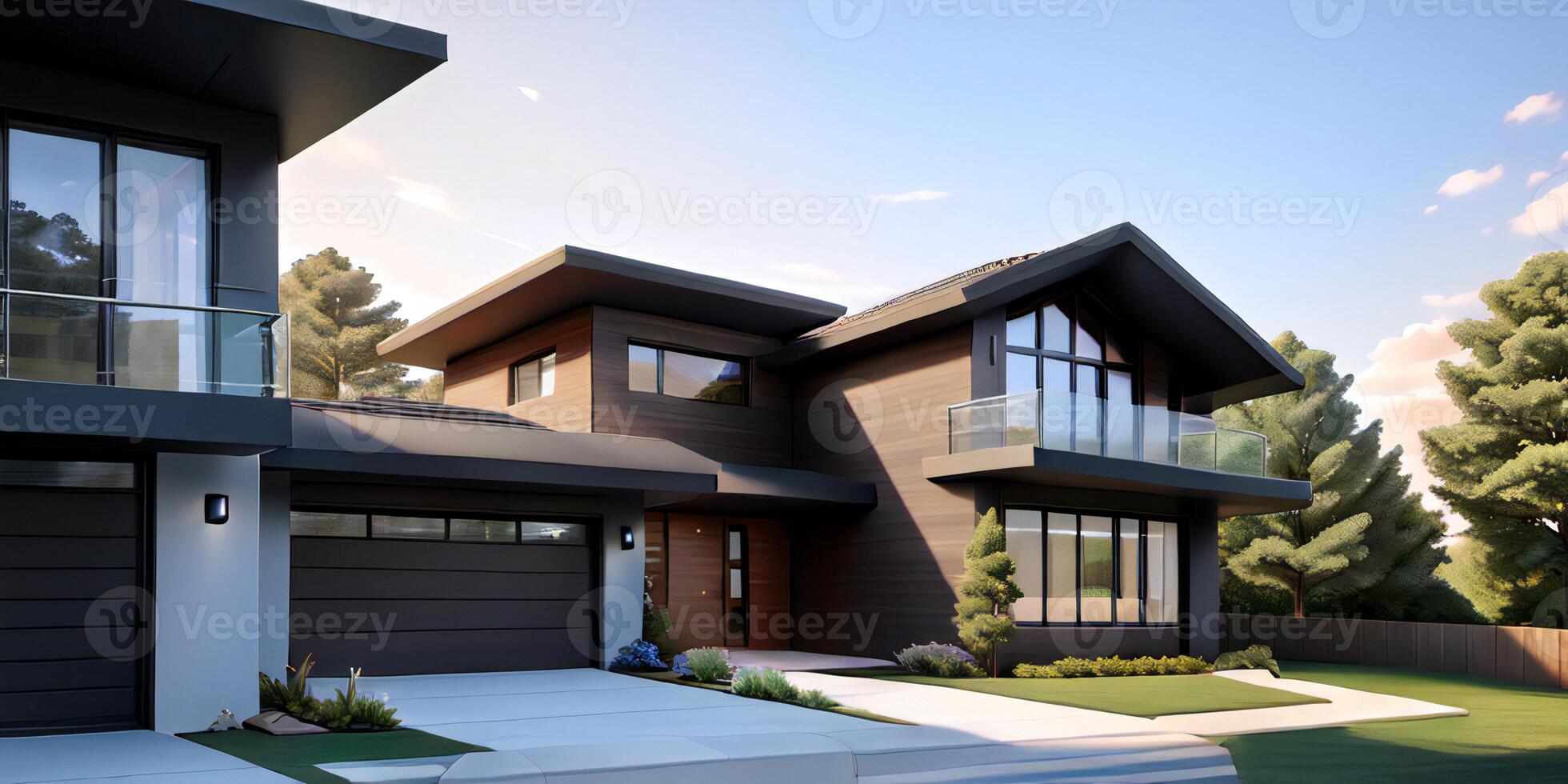 A modern house with a driveway in front of it ai generated photo