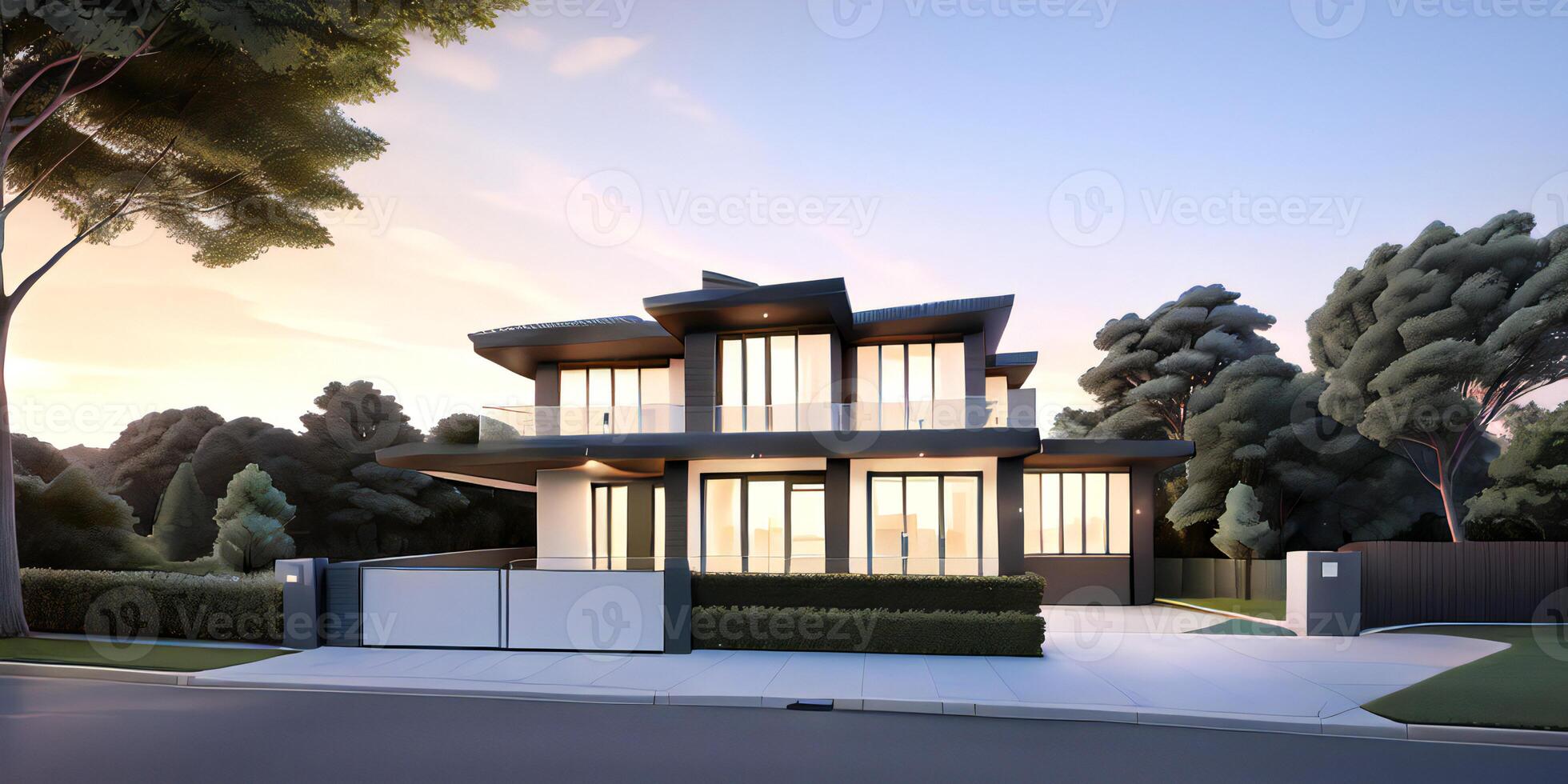 A modern house with a driveway in front of it photo