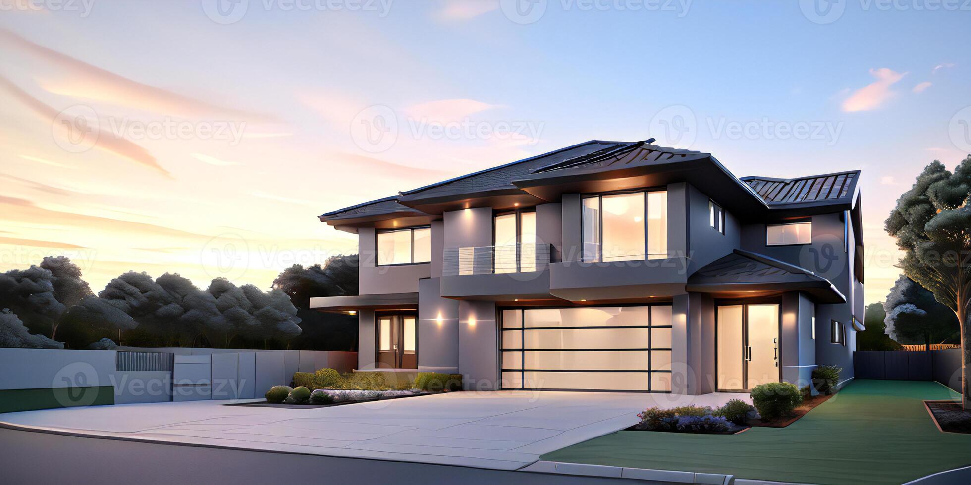 A modern house with a driveway in front of it photo