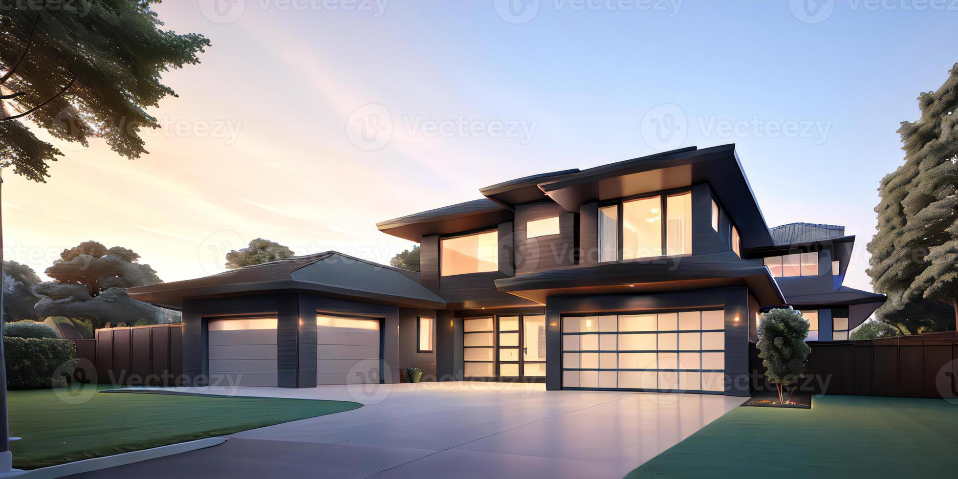 A modern house with a driveway in front of it photo