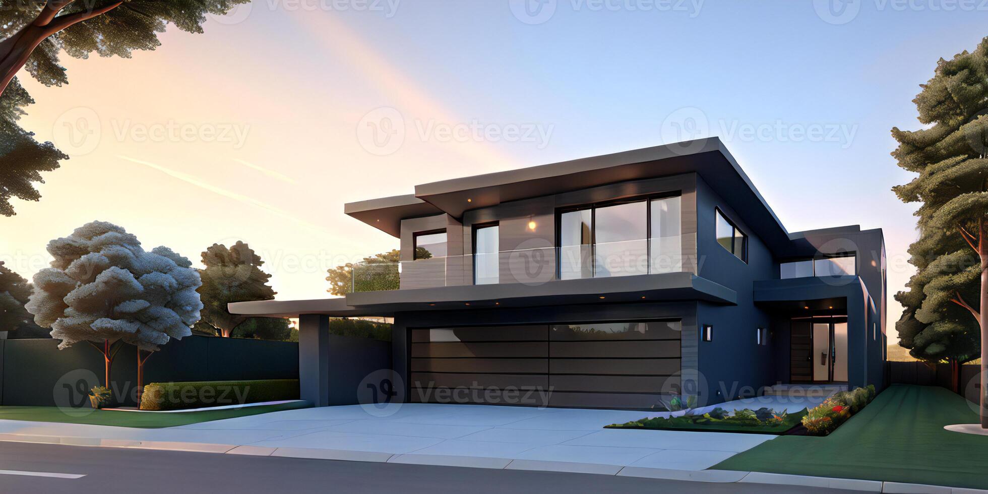 A modern house with a driveway in front of it photo