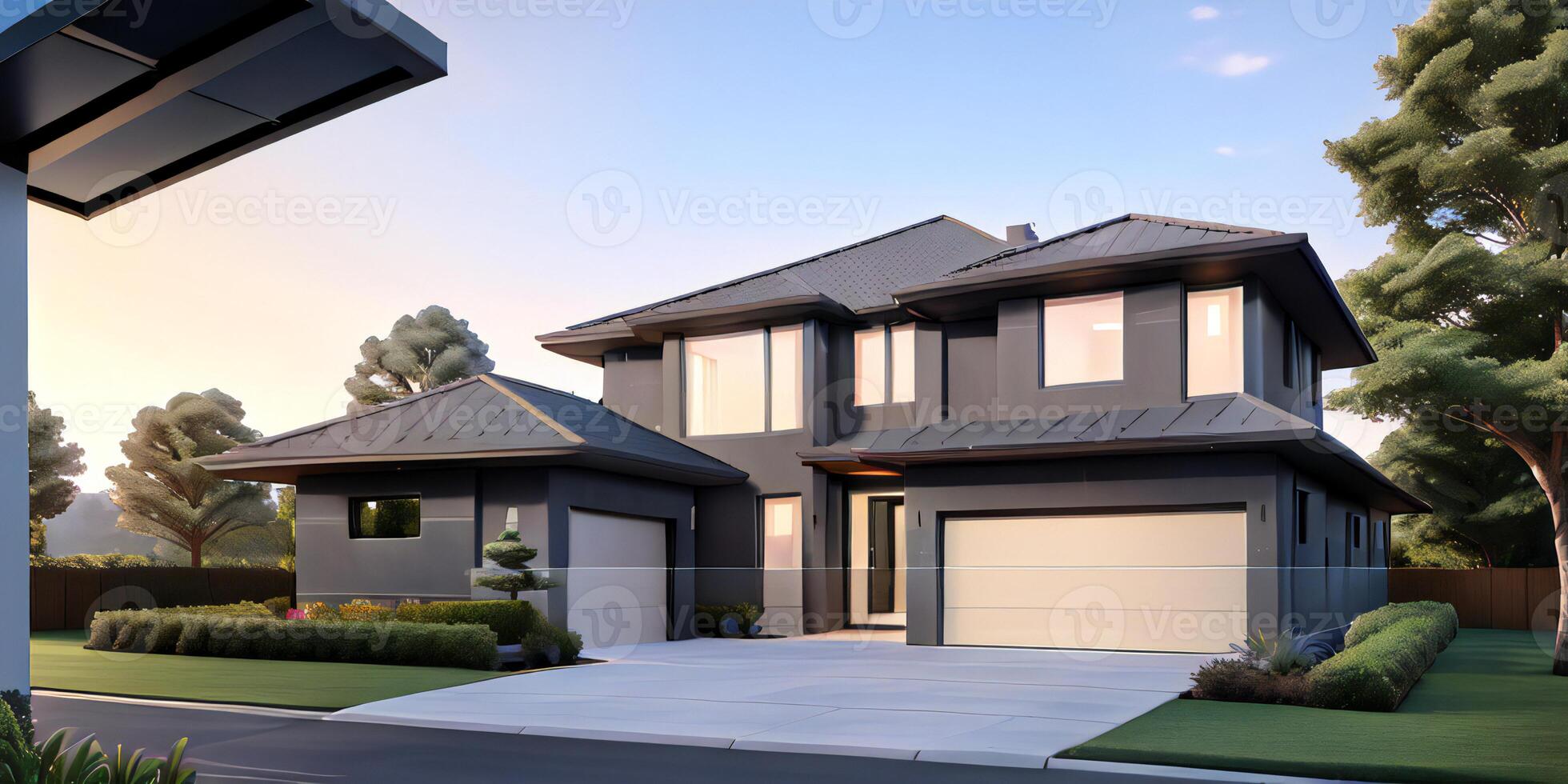 A modern house with a driveway in front of it photo
