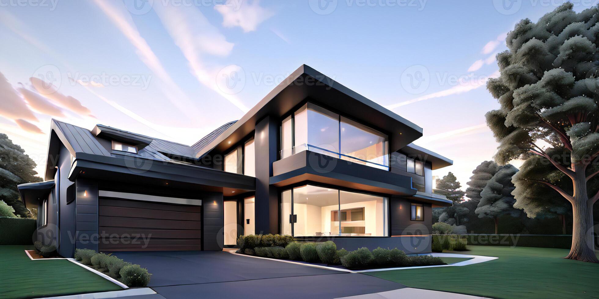 A modern house with a driveway in front of it photo