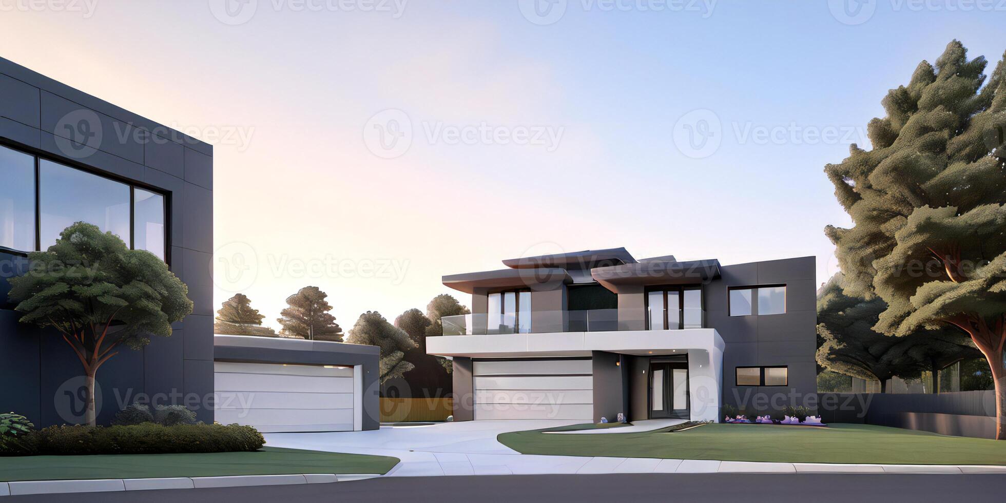 A modern house with a driveway in front of it photo