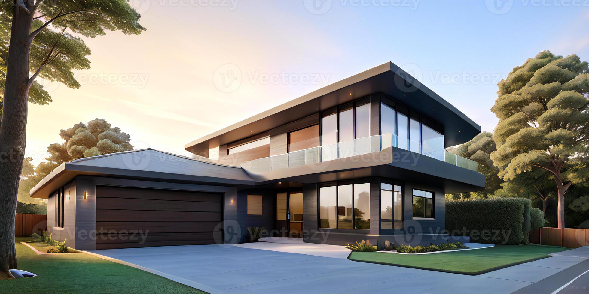 A modern house with a driveway in front of it photo