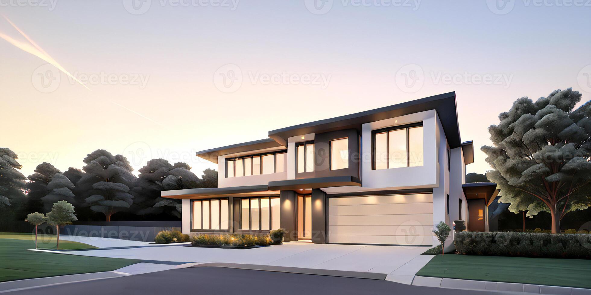 A modern house with a driveway in front of it photo