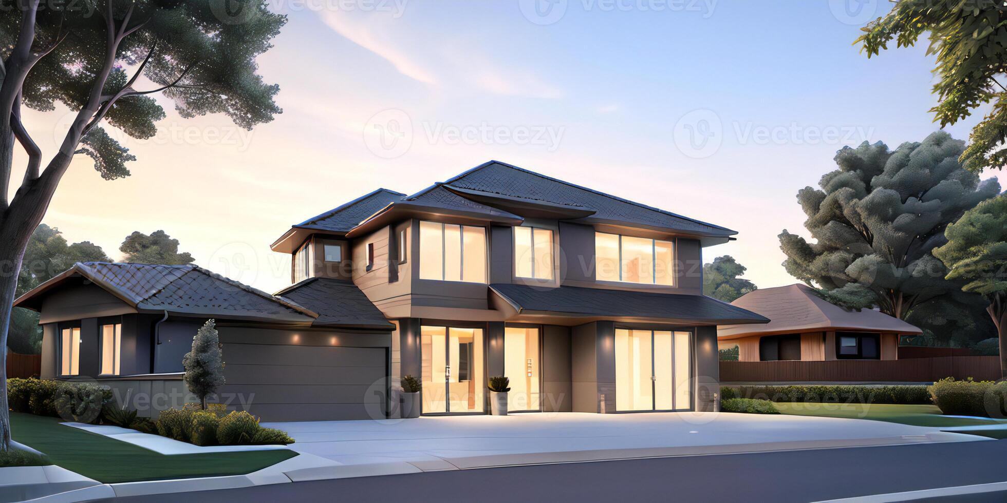 A modern house with a driveway in front of it photo