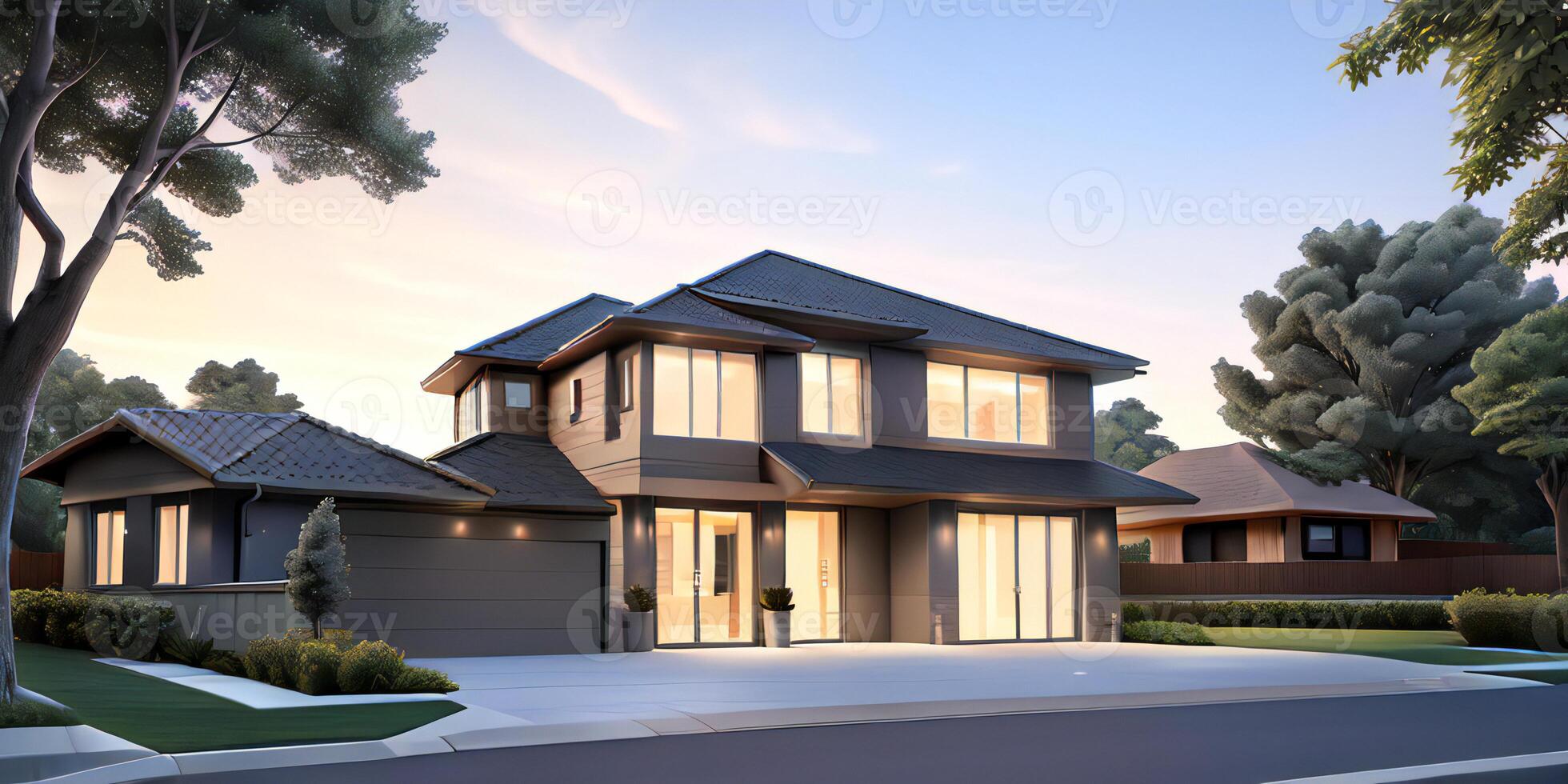 A modern house with a driveway in front of it ai generated photo