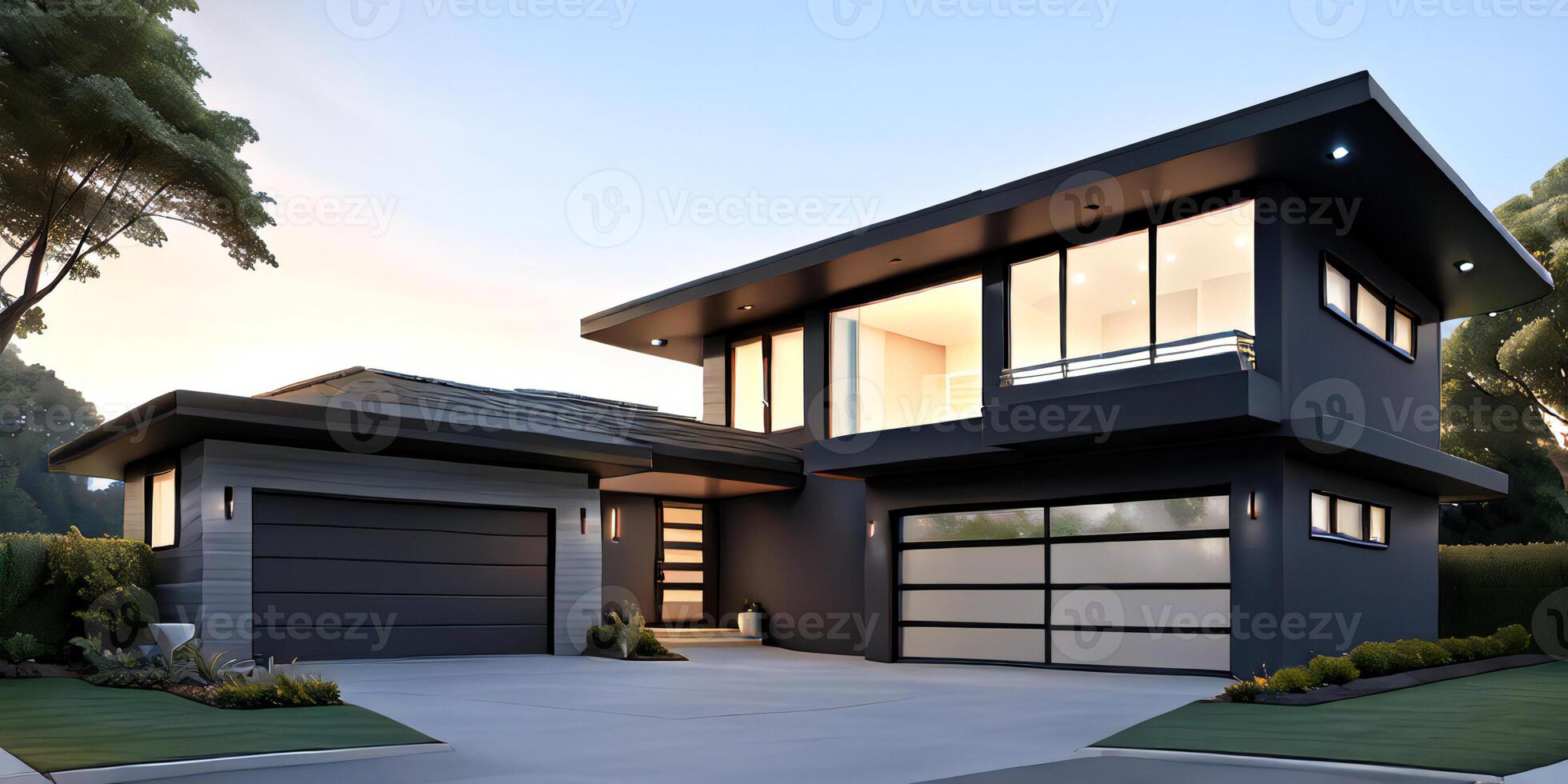 A modern house with a driveway in front of it photo