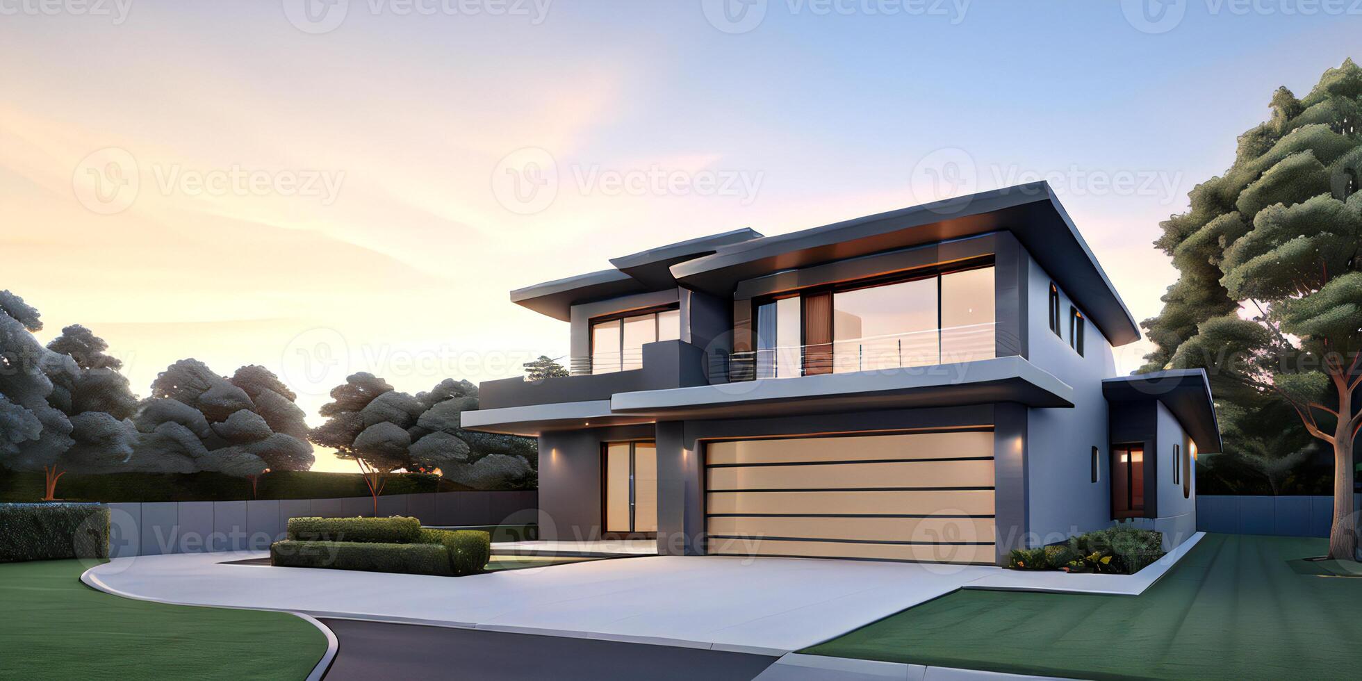 A modern house with a driveway in front of it photo