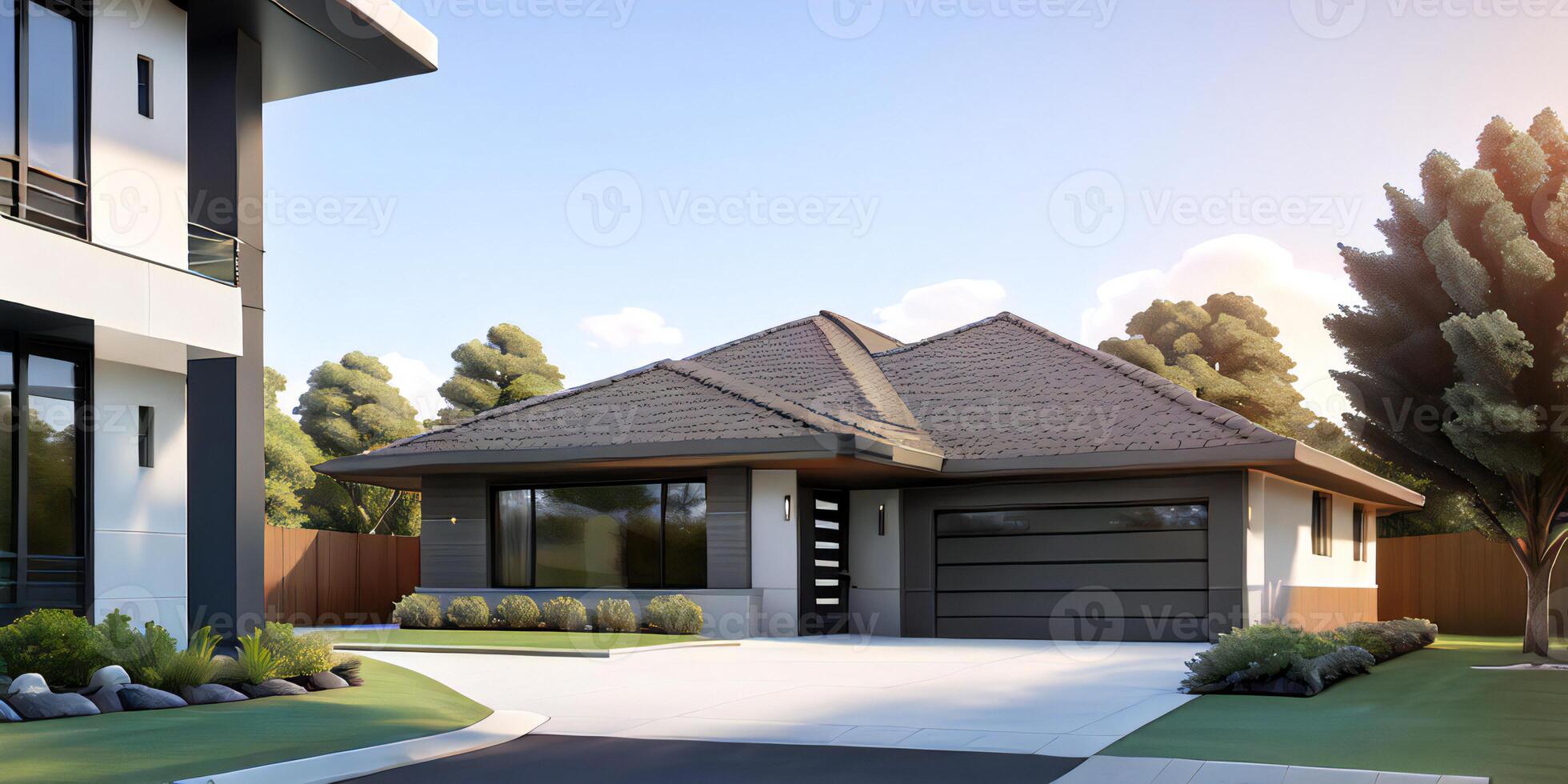 A modern house with a driveway in front of it photo