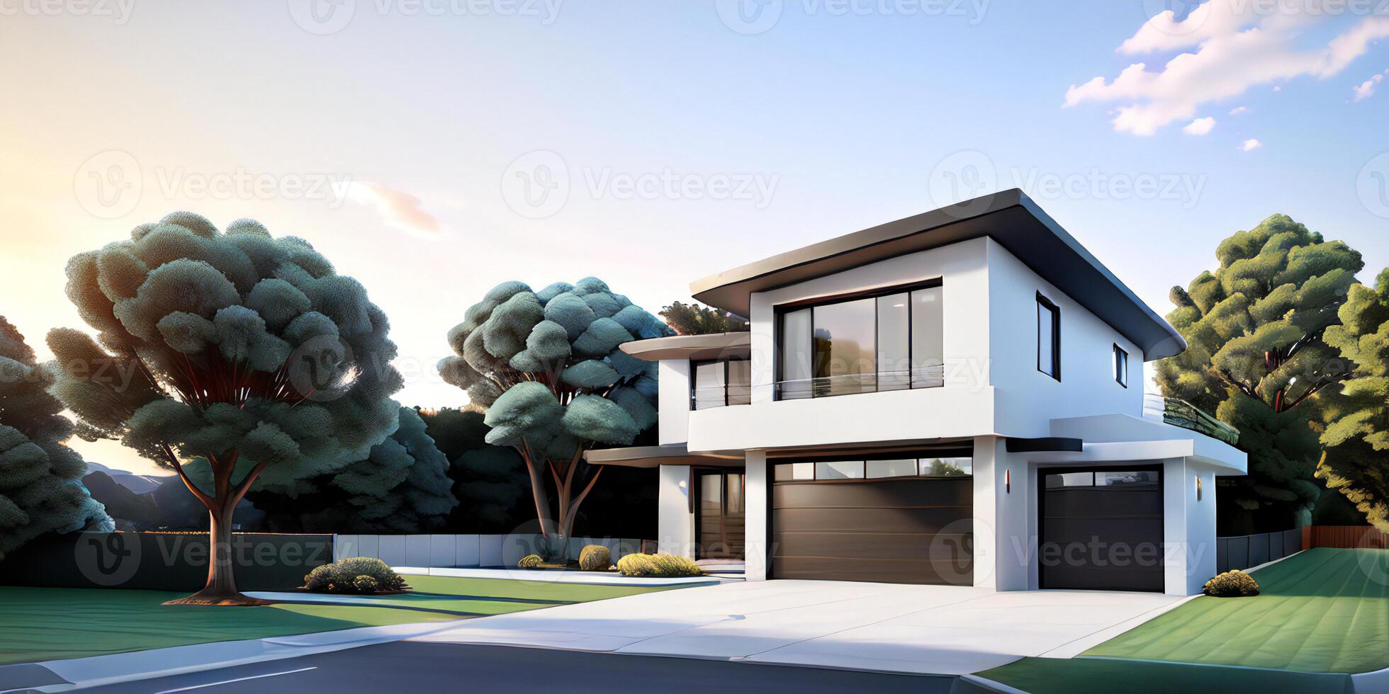 A modern house with a driveway in front of it photo