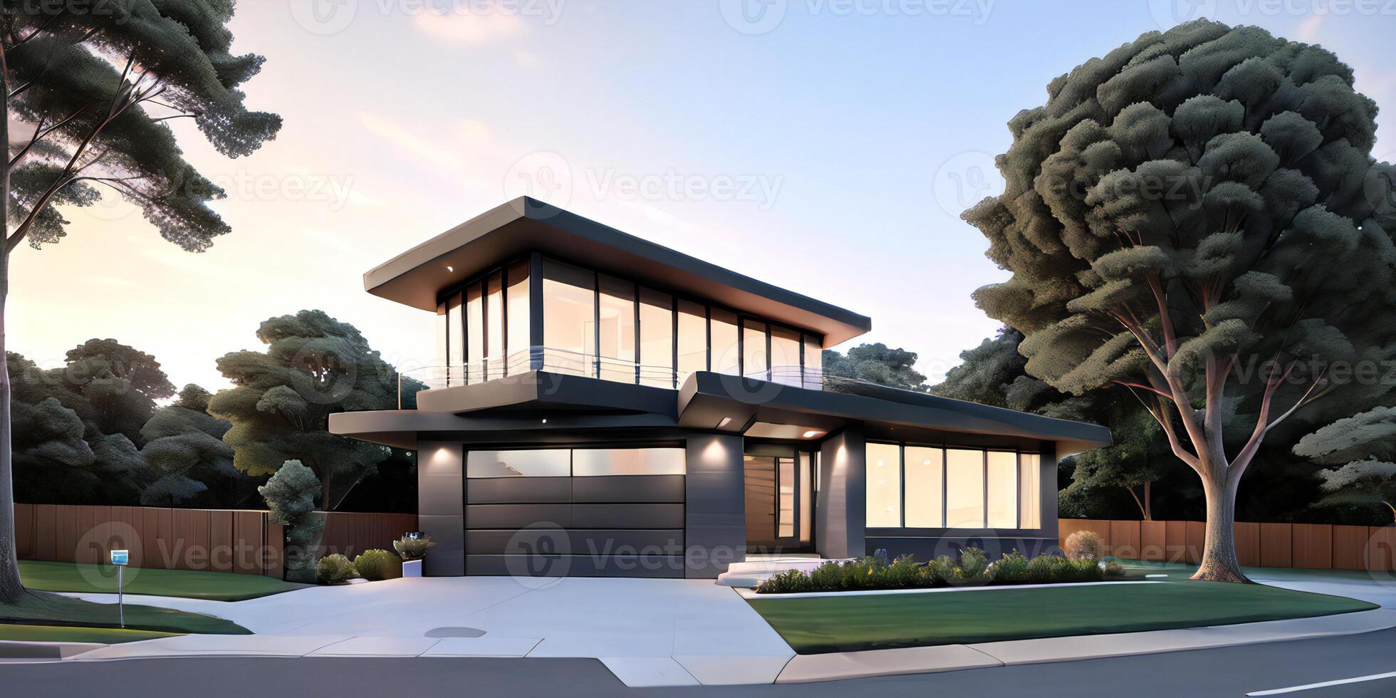 A modern house with a driveway in front of it photo