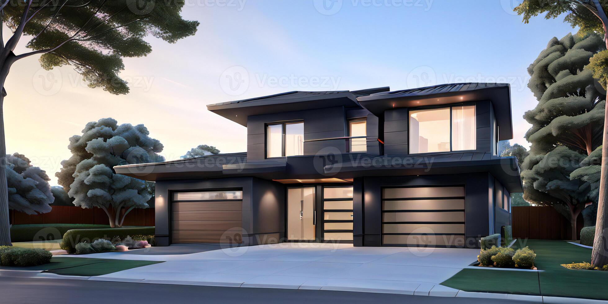 A modern house with a driveway in front of it photo