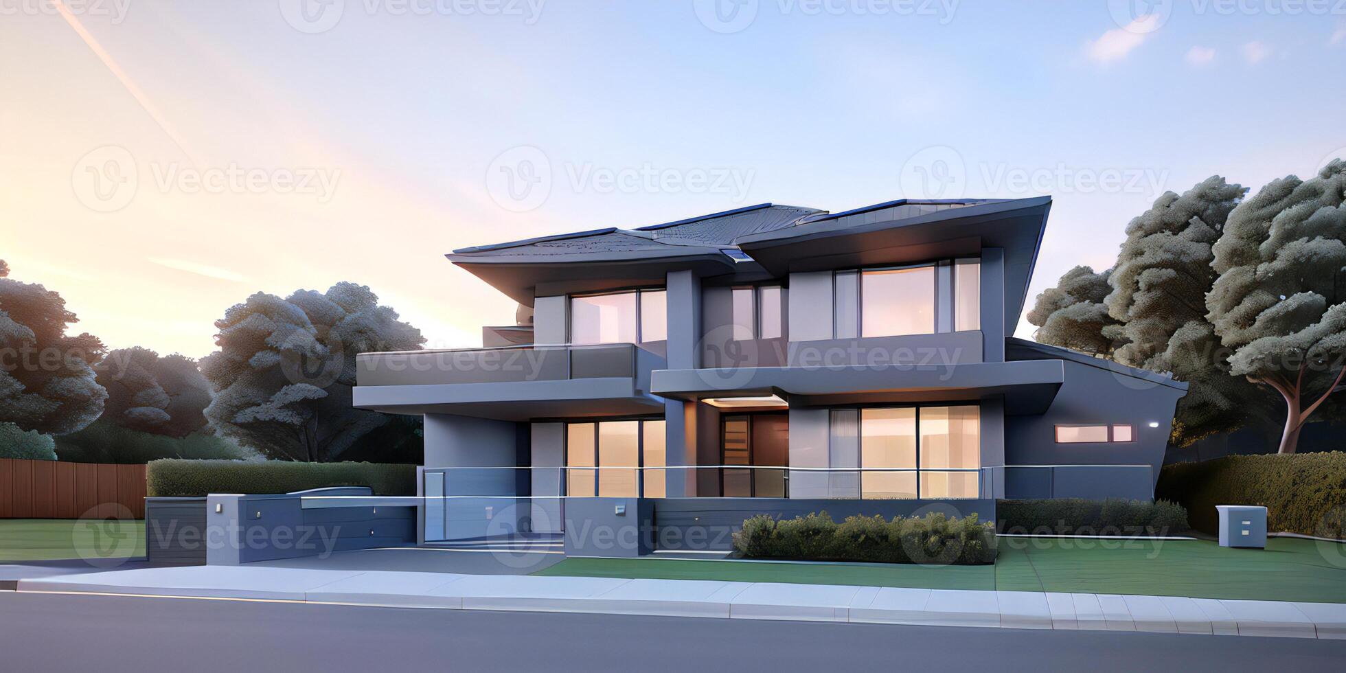 A modern house with a driveway in front of it ai generated photo