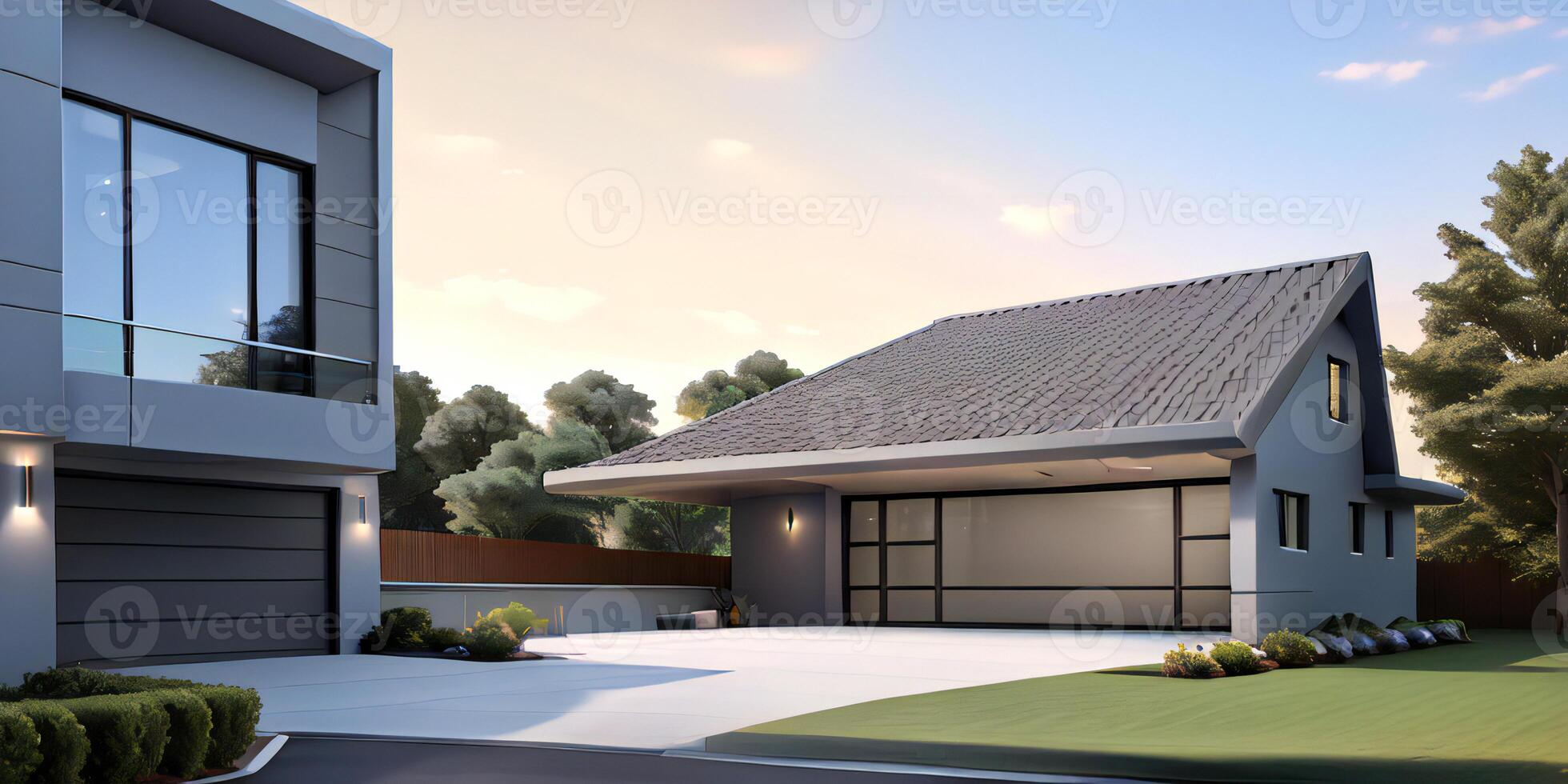 A modern house with a driveway in front of it photo