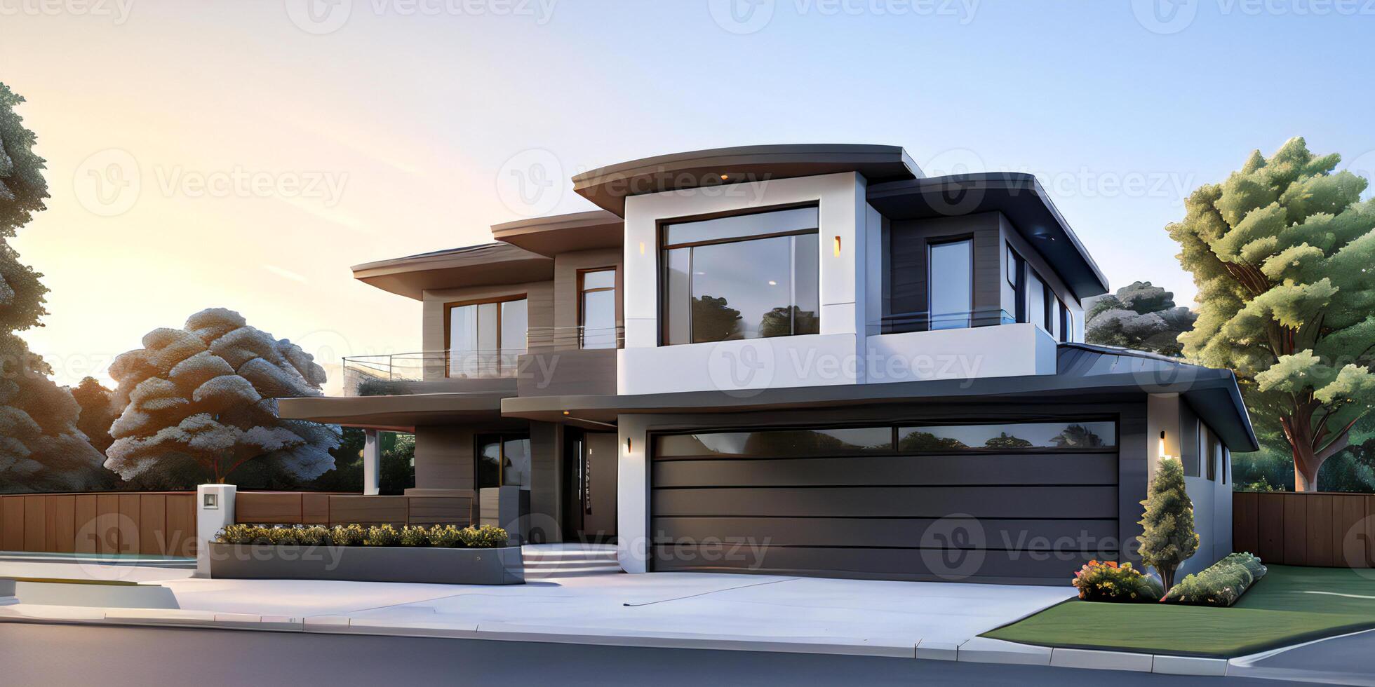 A modern house with a driveway in front of it ai generated photo