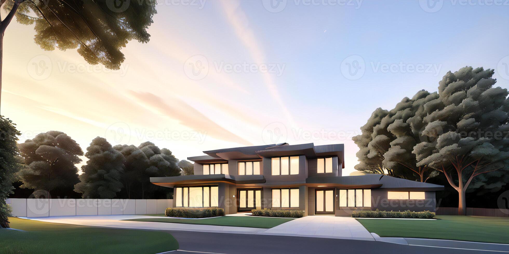 A modern house with a driveway in front of it ai generated photo