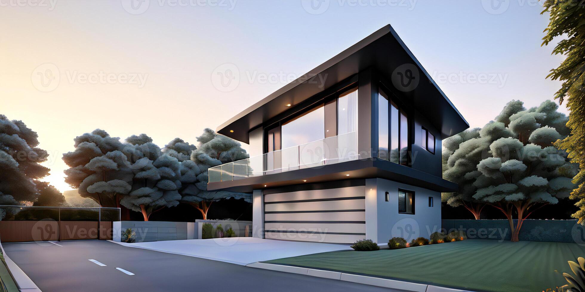 A modern house with a driveway in front of it photo