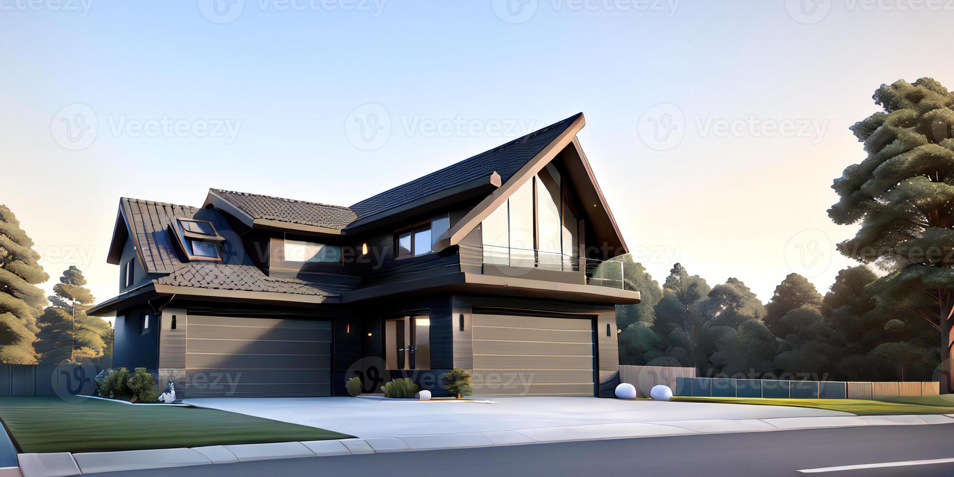 A modern house with a driveway in front of it photo