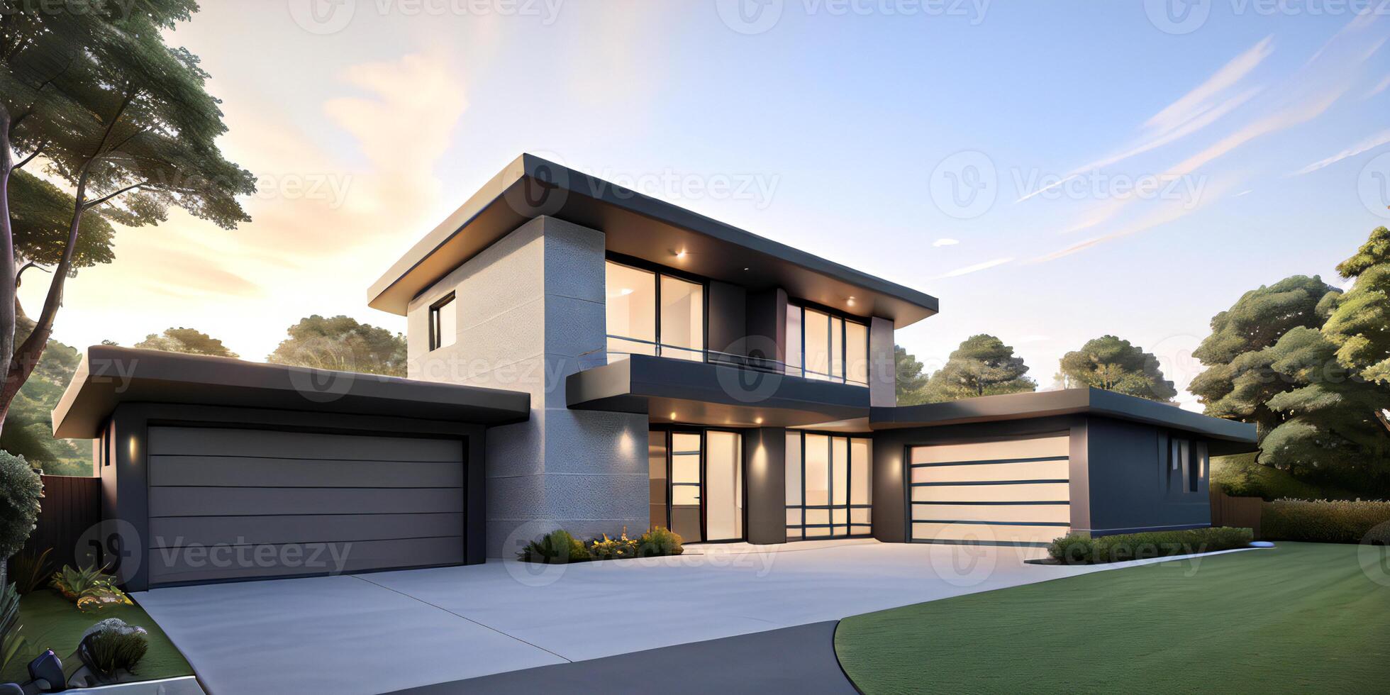 A modern house with a driveway in front of it photo
