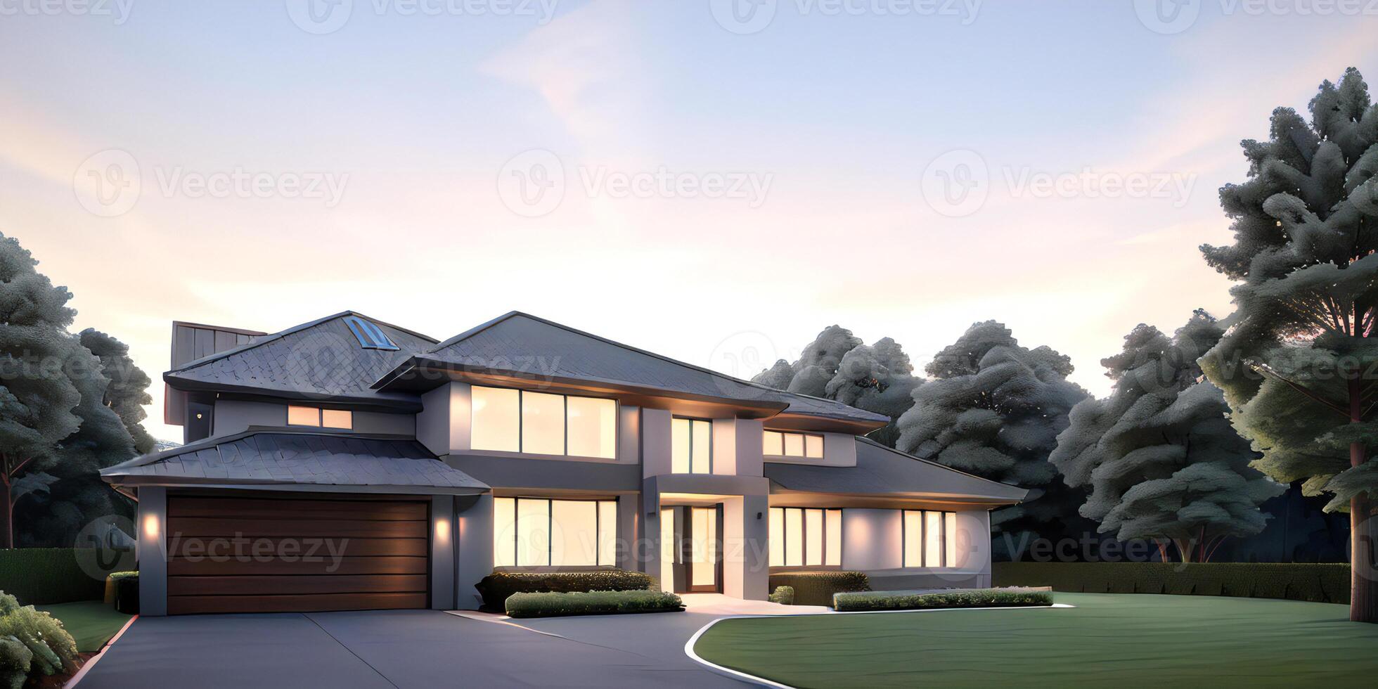 A modern house with a driveway in front of it ai generated photo