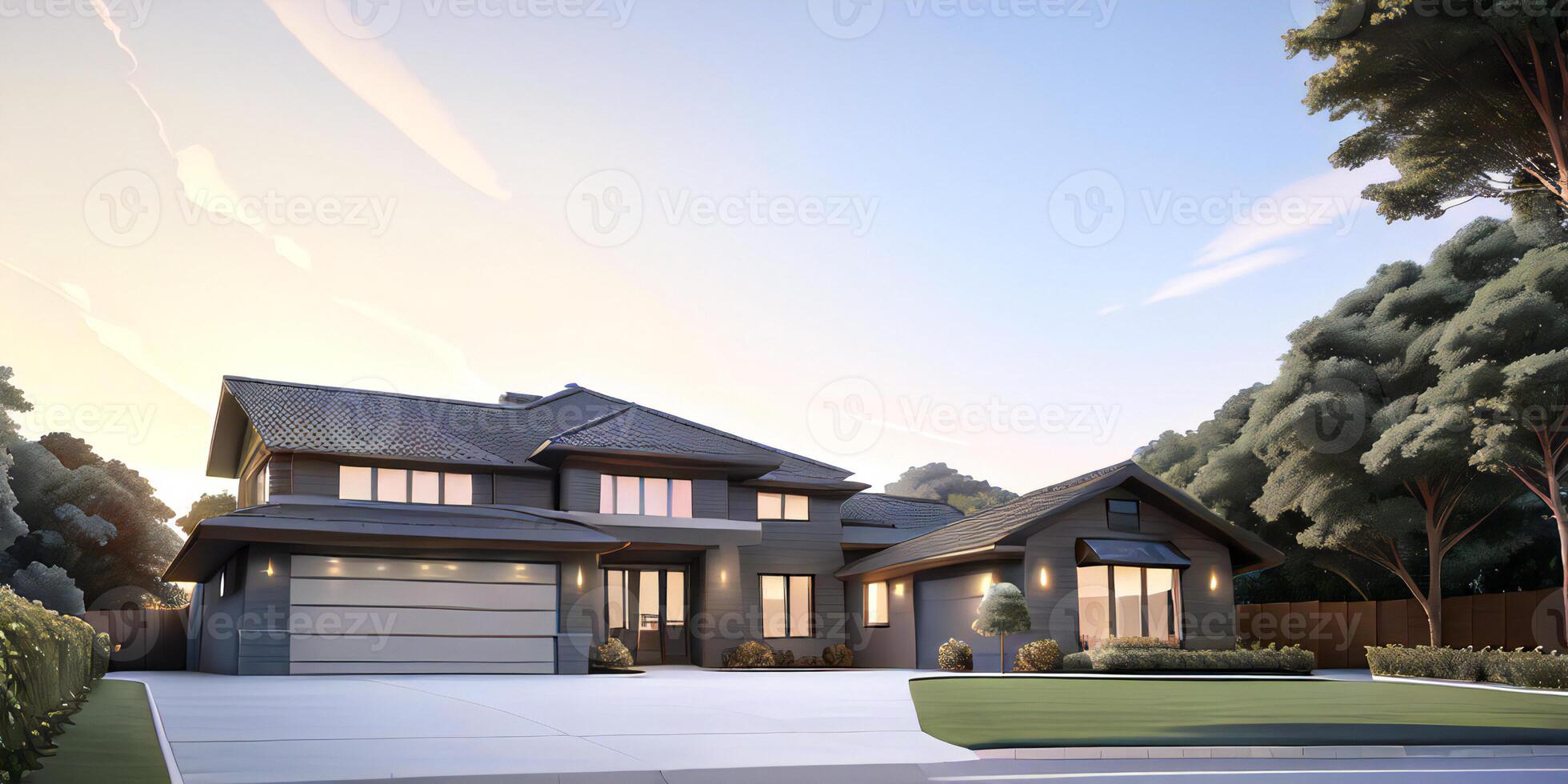 A modern house with a driveway in front of it photo