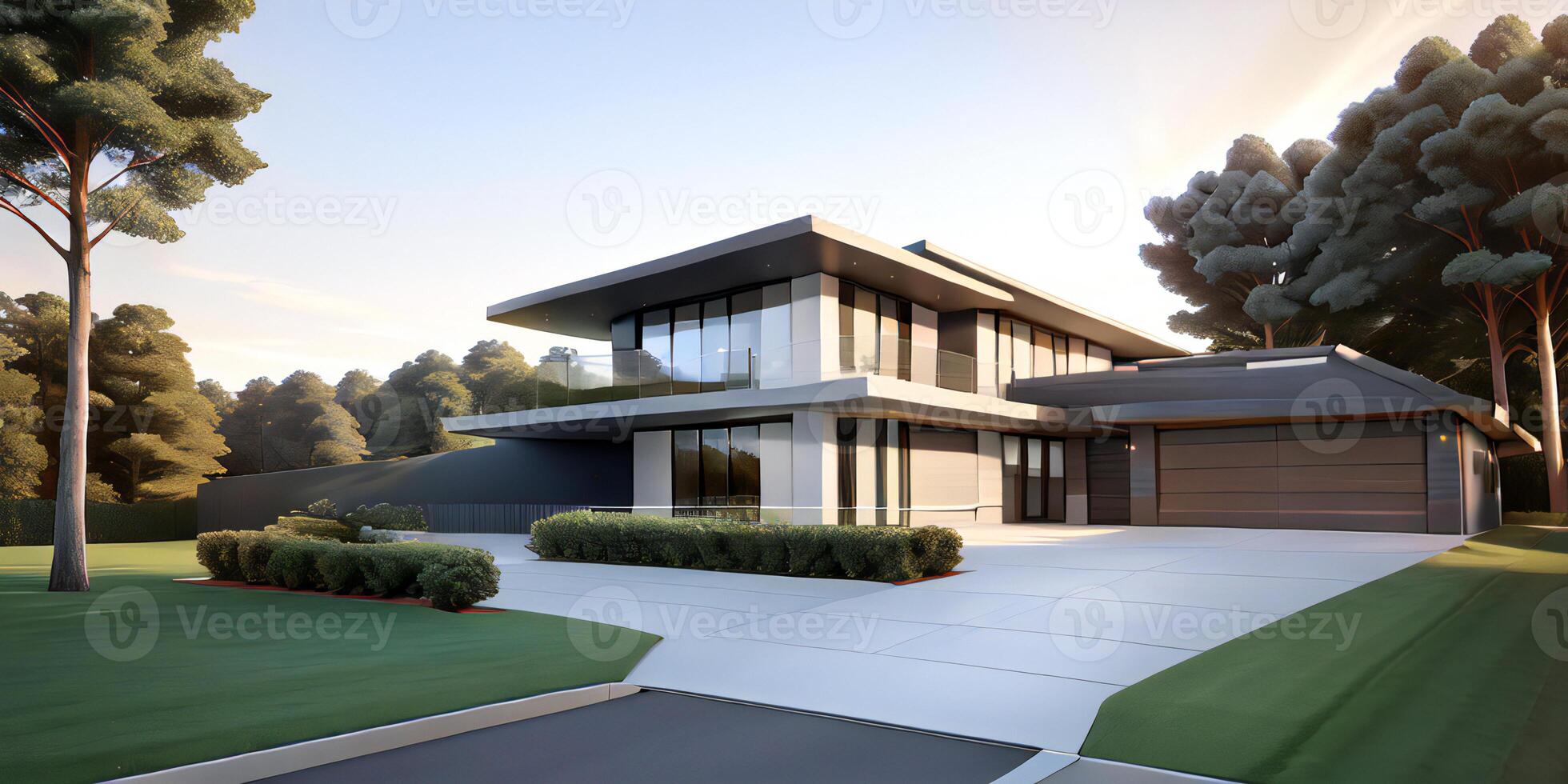 A modern house with a driveway in front of it ai generated photo