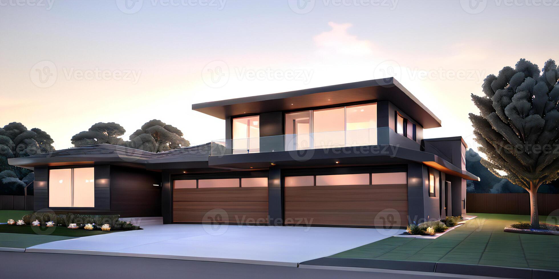 A modern house with a driveway in front of it photo