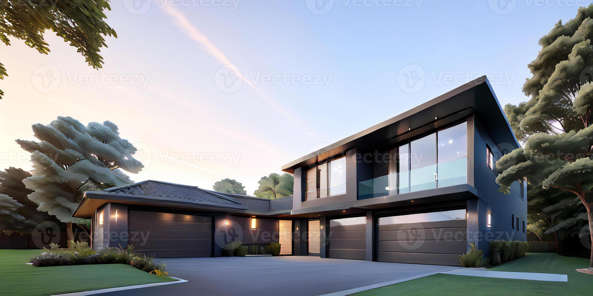 A modern house with a driveway in front of it photo