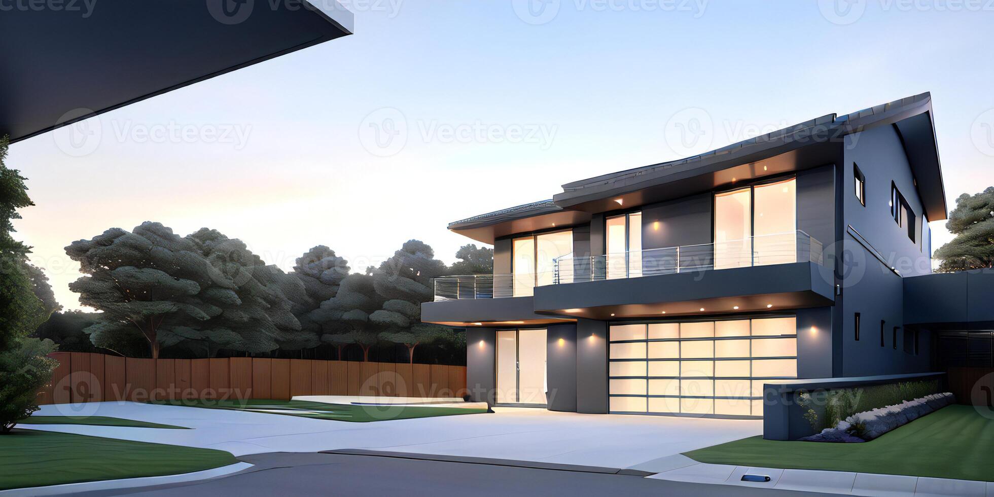 A modern house with a driveway in front of it photo