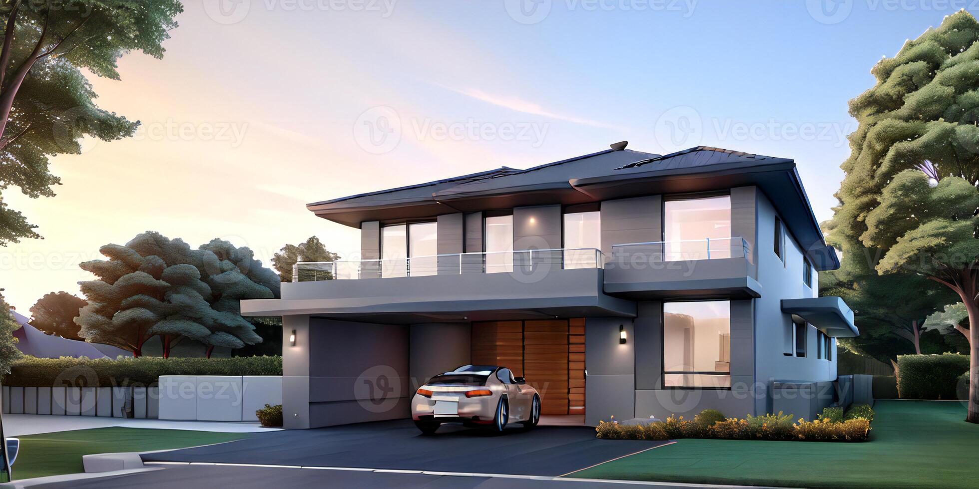 A modern house with a driveway in front of it ai generated photo